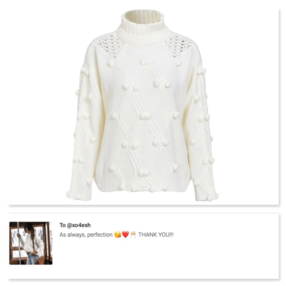 Pom Pom Detail Oversized White Sweater High Neck - Picture 4 of 8